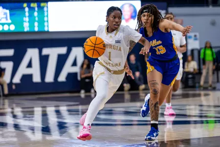 Georgia Southern graduate guard Andreana Wrister (1) during the NCAA womenâ??s basketball game between Georgia Southern and Allen at Hanner Fieldhouse on November 7, 2022 in Statesboro, Georgia. (Photograph by AJ Henderson / Georgia Southern Athletics)