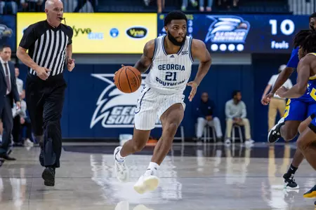 Georgia Southern redshirt freshman guard Amar Augillard (21) during the NCAA men’s basketball game between Georgia Southern and Trinity Baptist at Hanner Fieldhouse on November 12, 2022 in Statesboro, Georgia. (Photograph by AJ Henderson / Georgia Southern Athletics)