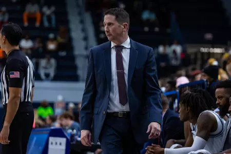Georgia Southern men's basketball head coach Brian Burg during the NCAA men’s basketball game between Georgia Southern and Trinity Baptist at Hanner Fieldhouse on November 12, 2022 in Statesboro, Georgia. (Photograph by AJ Henderson / Georgia Southern Athletics)