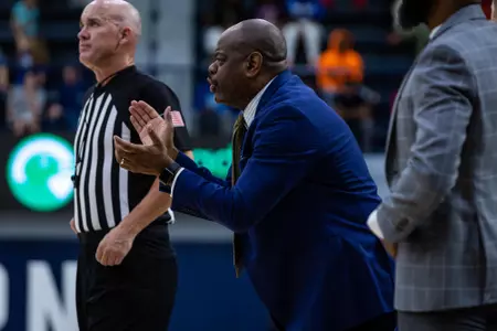 Georgia Southern men's basketball assistant coach Glynn Cyprien during the NCAA men’s basketball game between Georgia Southern and Trinity Baptist at Hanner Fieldhouse on November 12, 2022 in Statesboro, Georgia. (Photograph by AJ Henderson / Georgia Southern Athletics)
