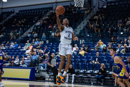 Georgia Southern fifth year guard Jalen Finch (2) during the NCAA men’s basketball game between Georgia Southern and Trinity Baptist at Hanner Fieldhouse on November 12, 2022 in Statesboro, Georgia. (Photograph by AJ Henderson / Georgia Southern Athletics)