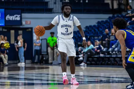 Georgia Southern junior guard Tyren Moore (3) during the NCAA men’s basketball game between Georgia Southern and Trinity Baptist at Hanner Fieldhouse on November 12, 2022 in Statesboro, Georgia. (Photograph by AJ Henderson / Georgia Southern Athletics)