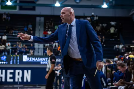 Georgia Southern men's basketball assistant coach Chris Shumate during the NCAA men’s basketball game between Georgia Southern and Trinity Baptist at Hanner Fieldhouse on November 12, 2022 in Statesboro, Georgia. (Photograph by AJ Henderson / Georgia Southern Athletics)
