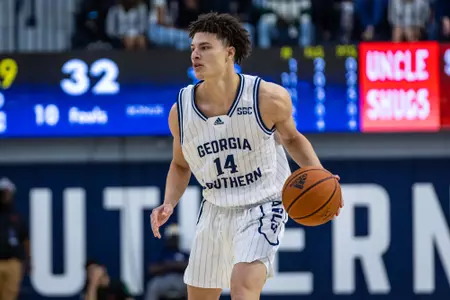 Georgia Southern redshirt freshman guard Donovan Stocks (14) during the NCAA men’s basketball game between Georgia Southern and Trinity Baptist at Hanner Fieldhouse on November 12, 2022 in Statesboro, Georgia. (Photograph by AJ Henderson / Georgia Southern Athletics)