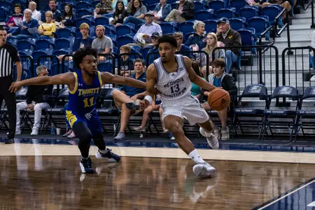Georgia Southern redshirt senior guard Tai Strickland (13) during the NCAA men’s basketball game between Georgia Southern and Trinity Baptist at Hanner Fieldhouse on November 12, 2022 in Statesboro, Georgia. (Photograph by AJ Henderson / Georgia Southern Athletics)