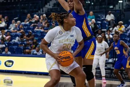 Georgia Southern senior forward Taya Gibson (20) during the NCAA womenâ??s basketball game between Georgia Southern and Allen at Hanner Fieldhouse on November 7, 2022 in Statesboro, Georgia. (Photograph by AJ Henderson / Georgia Southern Athletics)