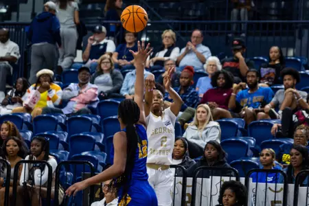 Georgia Southern Eagles guard Paris Miller (2) during the NCAA womenâ??s basketball game between Georgia Southern and Allen at Hanner Fieldhouse on November 7, 2022 in Statesboro, Georgia. (Photograph by AJ Henderson / Georgia Southern Athletics)