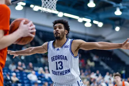 Georgia Southern redshirt senior guard Tai Strickland (13) during the NCAA menâ??s basketball game between Georgia Southern and Campbell at Hanner Fieldhouse on December 17, 2022 in Statesboro, Georgia. (Photograph by AJ Henderson / Georgia Southern Athletics)