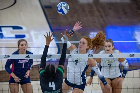 Georgia Southern outside hitter Jillian Gray (4) during the NCAA women’s volleyball game between Georgia Southern and Stetson at Hanner Fieldhouse on August 26, 2022 in Statesboro, Georgia. (Photograph by AJ Henderson / Georgia Southern Athletics