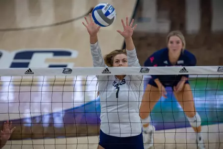 Georgia Southern outside hitter Emily Jarome (7) during the NCAA women’s volleyball game between Georgia Southern and USC Upstate at Hanner Fieldhouse on August 27, 2022 in Statesboro, Georgia. (Photograph by AJ Henderson / Georgia Southern Athletics)
