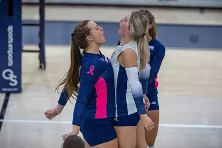 Georgia Southern middle blocker Megan Vickery (11) and Georgia Southern defensive specialist Ashlyn Lovett (1) during the NCAA women’s volleyball game between Georgia Southern and Alcorn State at Hanner Fieldhouse on August 27, 2022 in Statesboro, Georgia. (Photograph by AJ Henderson / Georgia Southern Athletics)