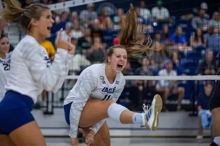 Georgia Southern middle blocker Megan Vickery (11) during the NCAA women’s volleyball game between Georgia Southern and USC Upstate at Hanner Fieldhouse on August 27, 2022 in Statesboro, Georgia. (Photograph by AJ Henderson / Georgia Southern Athletics)