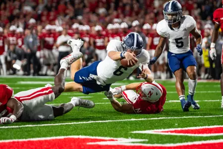 Georgia Southern Eagles quarterback Kyle Vantrease (6) scores the winning touchdown in the fourth quarter during the NCAA football game between Georgia Southern and Nebraska at Memorial Stadium on September 10, 2022 in Lincoln, Nebraska. (Photograph by AJ Henderson / Georgia Southern Athletics)