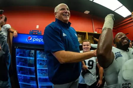 Postgame celebrations after the NCAA football game between Georgia Southern and Nebraska at Memorial Stadium on September 10, 2022 in Lincoln, Nebraska. (Photograph by AJ Henderson / Georgia Southern Athletics)