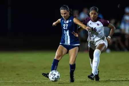 Georgia Southern midfielder Maya Zovko (27) during the NCAA womenâ??s soccer match between Georgia Southern and Texas State at Eagle Field at the Erk Russell Athletic Park on September 22, 2022 in Statesboro, Georgia. (Photograph by AJ Henderson / Georgia Southern Athletics)