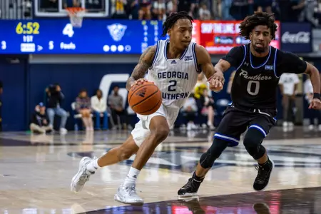 Georgia Southern fifth year guard Jalen Finch (2) during the NCAA men’s basketball game between Georgia Southern and Georgia State at Hanner Fieldhouse on January 21, 2023 in Statesboro, Georgia. (Photograph by AJ Henderson / Georgia Southern Athletics)
