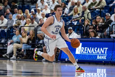 Georgia Southern redshirt senior forward Andrei Savrasov (12) during the NCAA men’s basketball game between Georgia Southern and Georgia State at Hanner Fieldhouse on January 21, 2023 in Statesboro, Georgia. (Photograph by AJ Henderson / Georgia Southern Athletics)