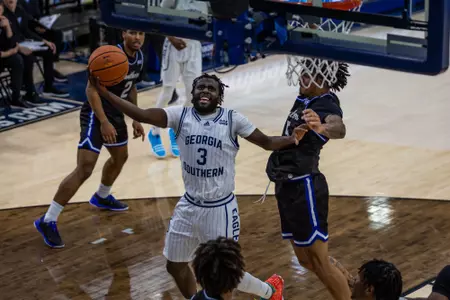 Georgia Southern junior guard Tyren Moore (3) during the NCAA men’s basketball game between Georgia Southern and Georgia State at Hanner Fieldhouse on January 21, 2023 in Statesboro, Georgia. (Photograph by AJ Henderson / Georgia Southern Athletics)