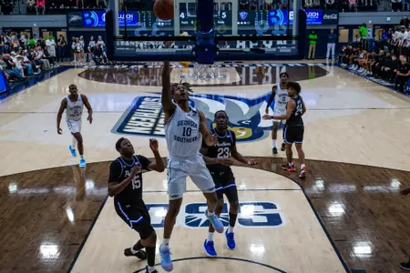 Georgia Southern redshirt senior forward Carlos Curry (10) during the NCAA men’s basketball game between Georgia Southern and Georgia State at Hanner Fieldhouse on January 21, 2023 in Statesboro, Georgia. (Photograph by AJ Henderson / Georgia Southern Athletics)