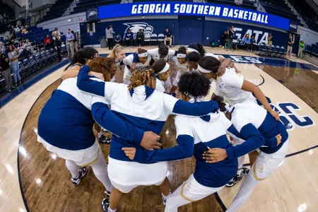 Georgia Southern team huddle before the NCAA women’s basketball game between Georgia Southern and Louisiana at Hanner Fieldhouse on January 26, 2023 in Statesboro, Georgia. (Photograph by AJ Henderson / Georgia Southern Athletics)
