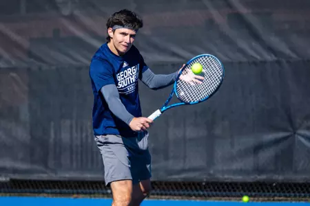 Georgia Southern senior Valentin Dun during the NCAA men’s tennis match between Georgia Southern and The Citadel at Wallis Tennis Center on January 28, 2023 in Statesboro, Georgia. (Photograph by AJ Henderson / Georgia Southern Athletics)