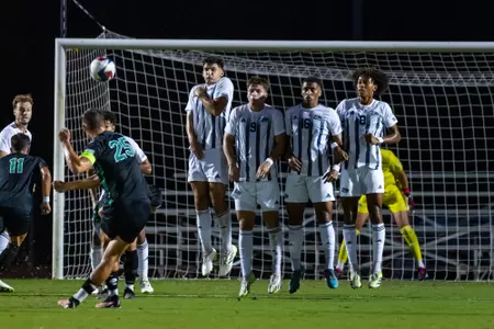 Georgia Southern men's soccer players defend a free kick near the goal in a Sun Belt Conference match against No. 1 Marshall on Sunday, Oct. 1, in Statesboro, Ga.