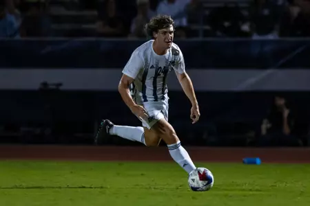Georgia Southern men's soccer striker Jack Ireland takes the ball upfield in a Sun Belt Conference match against No. 1 Marshall on Sunday, Oct. 1, in Statesboro.