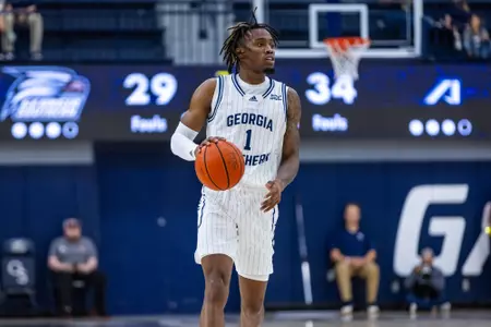 Georgia Southern senior guard Cam Bryant (1) during the NCAA men’s basketball game between Georgia Southern and Augusta at Hanner Fieldhouse on October 20, 2023 in Statesboro, Georgia. (Photograph by AJ Henderson / Georgia Southern Athletics)