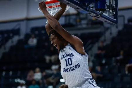 Georgia Southern graduate student center Carlos Curry (10) during the NCAA men’s basketball game between Georgia Southern and Augusta at Hanner Fieldhouse on October 20, 2023 in Statesboro, Georgia. (Photograph by AJ Henderson / Georgia Southern Athletics)