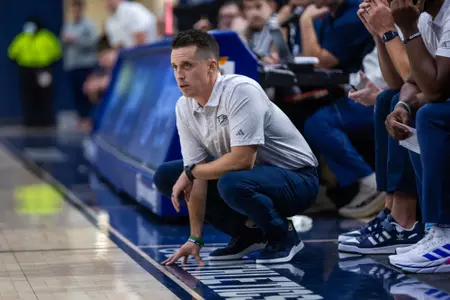 Georgia Southern men's basketball head coach Charlie Henry during the NCAA men’s basketball game between Georgia Southern and Augusta at Hanner Fieldhouse on October 20, 2023 in Statesboro, Georgia. (Photograph by AJ Henderson / Georgia Southern Athletics)