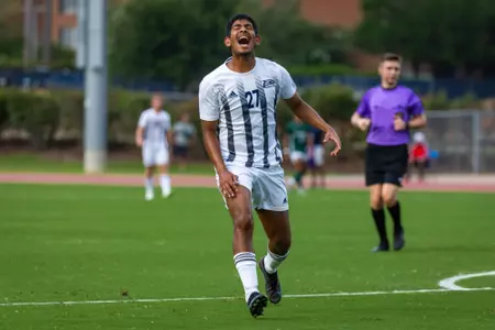 Jacob Sandun (27) celebrates during an exhibition match between Georgia Southern and Stetson in Statesboro, Ga., on Aug. 16, 2023.