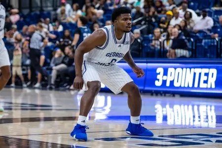 Georgia Southern redshirt senior guard Malik Tidwell (0) during the NCAA men’s basketball game between Georgia Southern and Augusta at Hanner Fieldhouse on October 20, 2023 in Statesboro, Georgia. (Photograph by AJ Henderson / Georgia Southern Athletics)