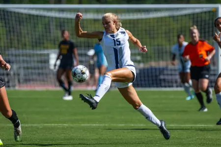 Georgia Southern midfielder Emma Armstrong (15) during the NCAA women’s soccer match between Georgia Southern and Kennesaw State at Eagle Field at the Erk Russell Athletic Park on August 12, 2023 in Statesboro, Georgia. (Photograph by AJ Henderson / Georgia Southern Athletics)