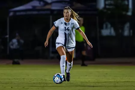 Georgia Southern midfielder Carley Borgelt (14) during the NCAA women’s soccer match between Georgia Southern and Marshall at Eagle Field at the Erk Russell Athletic Park on October 19, 2023 in Statesboro, Georgia. (Photograph by AJ Henderson / Georgia Southern Athletics)