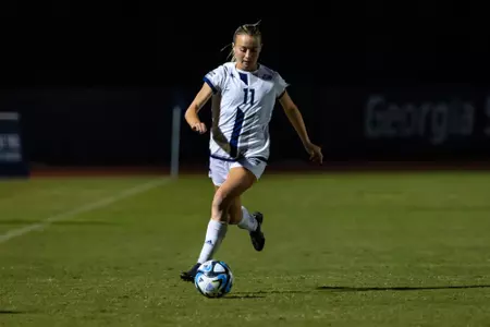 Georgia Southern forward/midfielder Kyleigh Drew (11) during the NCAA women’s soccer match between Georgia Southern and Marshall at Eagle Field at the Erk Russell Athletic Park on October 19, 2023 in Statesboro, Georgia. (Photograph by AJ Henderson / Georgia Southern Athletics)