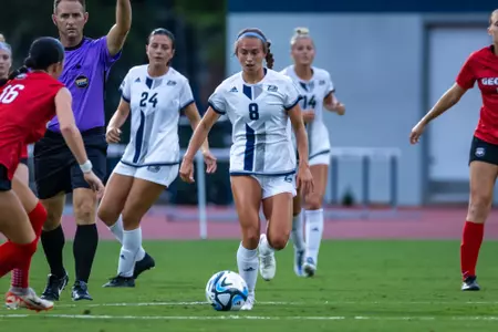 Georgia Southern midfielder Ellie McIntyre (8) during the NCAA women’s soccer match between Georgia Southern and Georgia at Eagle Field at the Erk Russell Athletic Park on September 7, 2023 in Statesboro, Georgia. (Photograph by AJ Henderson / Georgia Southern Athletics)