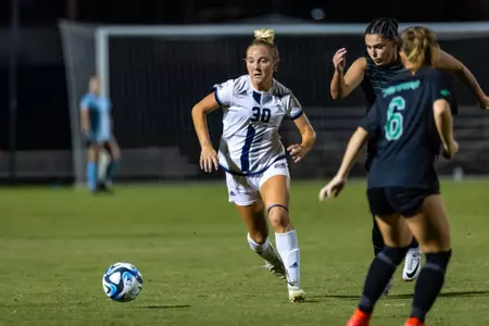 Georgia Southern midfielder Ansleigh Crenshaw (30) during the NCAA women’s soccer match between Georgia Southern and Marshall at Eagle Field at the Erk Russell Athletic Park on October 19, 2023 in Statesboro, Georgia. (Photograph by AJ Henderson / Georgia Southern Athletics)