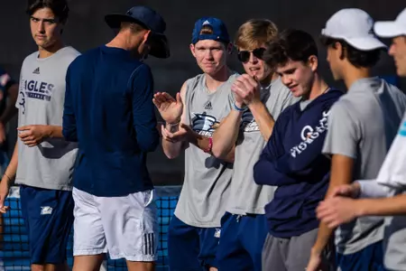 Georgia Southern junior Jacob Mitchell during the NCAA men’s tennis match between Georgia Southern and The Citadel at Wallis Tennis Center on January 28, 2023 in Statesboro, Georgia. (Photograph by AJ Henderson / Georgia Southern Athletics)