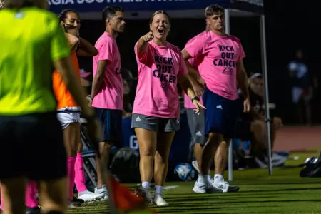 Georgia Southern assistant coach Mallory Sayre during the NCAA women’s soccer match between Georgia Southern and Louisiana at Eagle Field at the Erk Russell Athletic Park on October 5, 2023 in Statesboro, Georgia. (Photograph by AJ Henderson/ Georgia Southern Athletics)