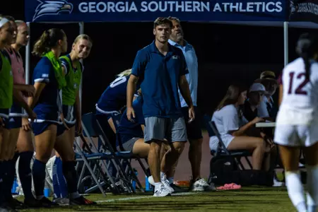 Georgia Southern goalkeepers coach Matt Sharman during the NCAA women’s soccer match between Georgia Southern and Texas State at Eagle Field at the Erk Russell Athletic Park on September 22, 2022 in Statesboro, Georgia. (Photograph by AJ Henderson / Georgia Southern Athletics)