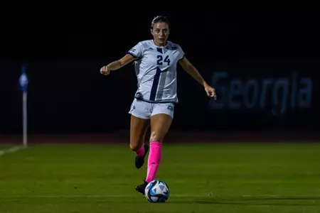 Georgia Southern defender Erin Wilkins (24) during the NCAA women’s soccer match between Georgia Southern and Louisiana at Eagle Field at the Erk Russell Athletic Park on October 5, 2023 in Statesboro, Georgia. (Photograph by AJ Henderson/ Georgia Southern Athletics)