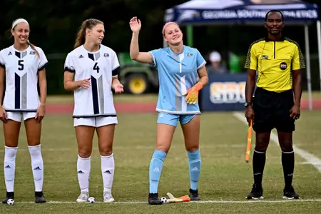 Georgia Southern goalkeeper Michaela Mikko (1) during the NCAA women’s soccer match between Georgia Southern and Arkansas State at Eagle Field at the Erk Russell Athletic Park on October 2, 2022 in Statesboro, Georgia. (Photograph by Rob Davis / Georgia Southern Athletics)