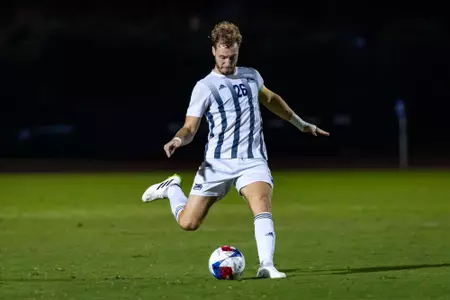Georgia Southern men's soccer defender Alistair Danjon prepares to pass the ball upfield in an NCAA contest against the No. 1 Marshall Thundering Herd on Sunday, Oct. 1, 2023.