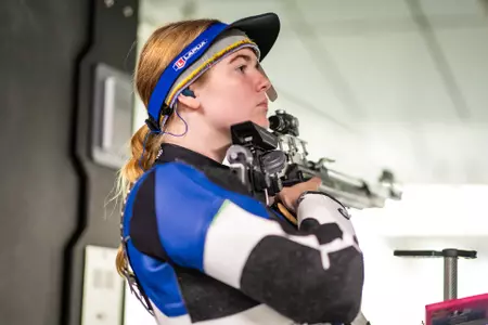 Georgia Southern Rifle sophomore Emma Pohlmann during the NCAA women’s rifle match between Georgia Southern, North Georgia, and Georgia Military at Shooting Sports Education Center on October 7, 2023 in Statesboro, Georgia. (Photograph by AJ Henderson / Georgia Southern Athletics)