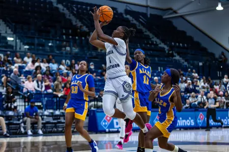 Georgia Southern freshman guard Kanji Daniel (1) during the NCAA women’s basketball game between Georgia Southern and Allen University at Hanner Fieldhouse on November 8, 2023 in Statesboro, Georgia. (Photograph by AJ Henderson / Georgia Southern Athletics)
