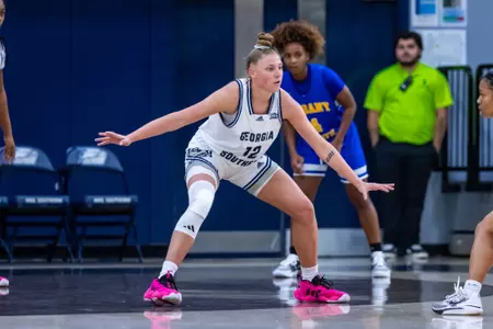 Georgia Southern freshman forward Liv Fuller (12) during the NCAA women’s basketball game between Georgia Southern and Albany State at Hanner Fieldhouse on November 20, 2023 in Statesboro, Georgia. (Photograph by AJ Henderson / Georgia Southern Athletics)