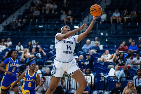 Georgia Southern junior forward Kayla Thomas (14) during the NCAA women’s basketball game between Georgia Southern and Allen University at Hanner Fieldhouse on November 8, 2023 in Statesboro, Georgia. (Photograph by AJ Henderson / Georgia Southern Athletics)