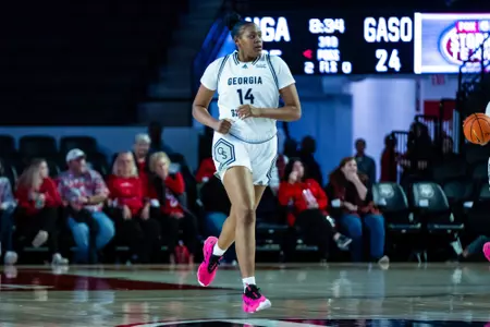 Georgia Southern junior forward Kayla Thomas (14) during the NCAA women’s basketball game between Georgia Southern and Georgia at Stegman Coliseum on November 13, 2023 in Athens, Georgia. (Photograph by AJ Henderson / Georgia Southern Athletics)