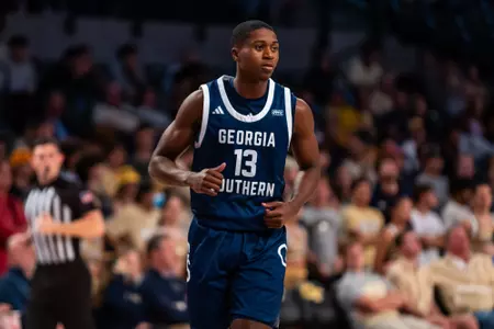 Georgia Southern freshman guard Eren Banks (13) during the NCAA men’s basketball game between Georgia Southern and Georgia Tech at McAmish Pavillion on November 6, 2023 in Atlanta, Georgia. (Photograph by AJ Henderson / Georgia Southern Athletics)