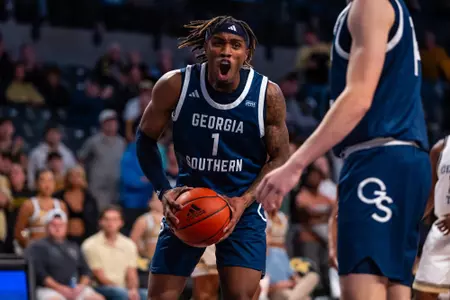 Georgia Southern senior guard Cam Bryant (1) during the NCAA men’s basketball game between Georgia Southern and Georgia Tech at McAmish Pavillion on November 6, 2023 in Atlanta, Georgia. (Photograph by AJ Henderson / Georgia Southern Athletics)